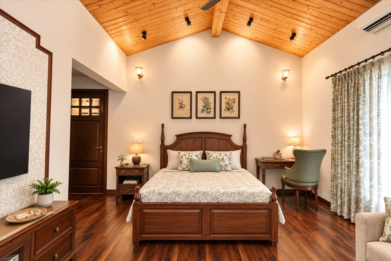 The complete Rustic Bedroom with teak bed, study table, bedside pieces, warm wooden ceiling, and soft curtains