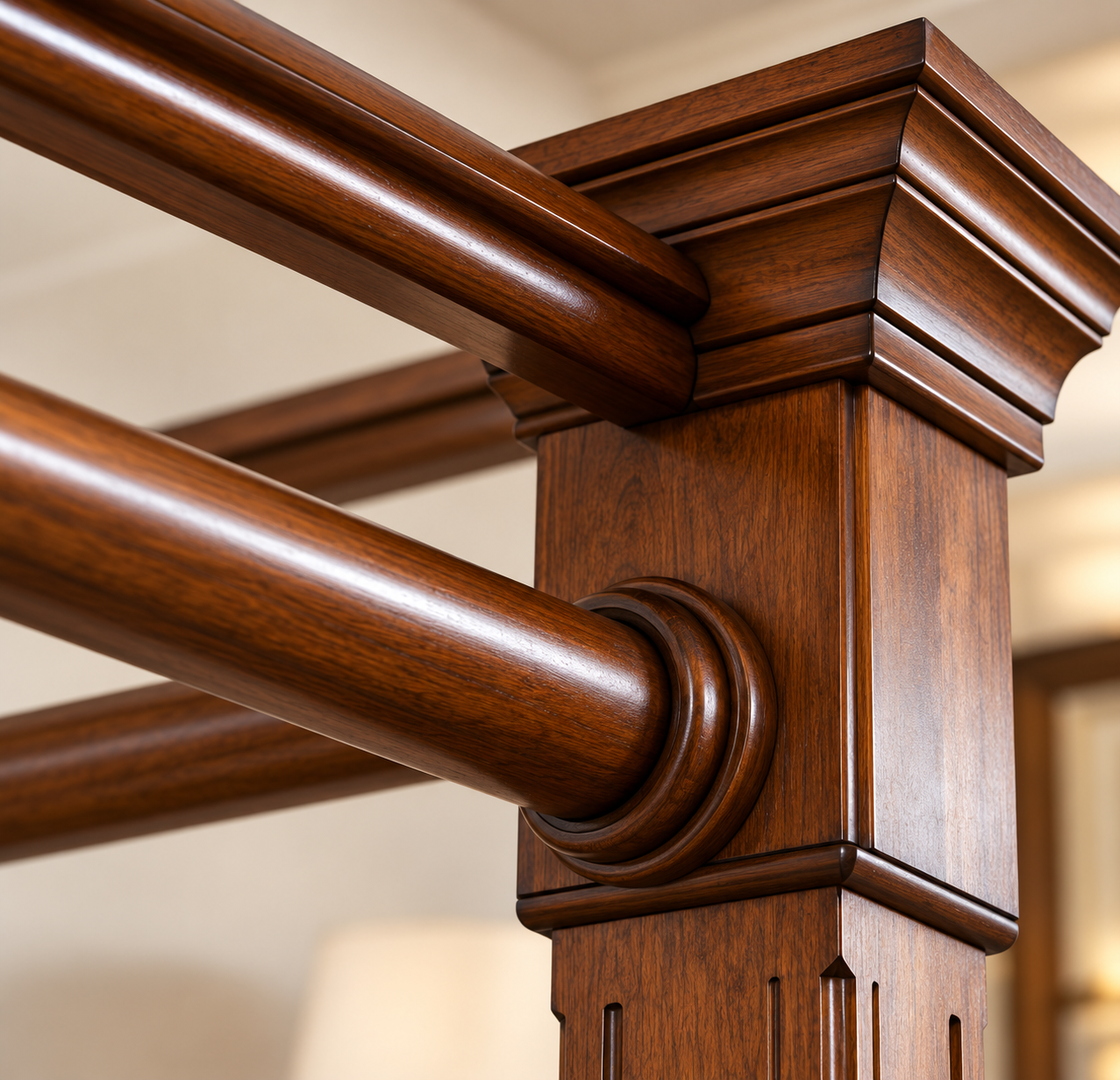 Polished walnut canopy post and joinery detail