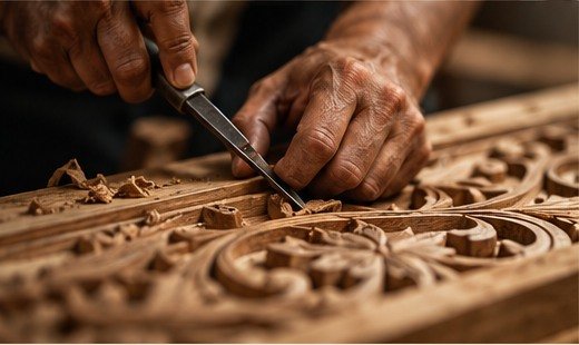 Artisan hand-carving detailed woodwork