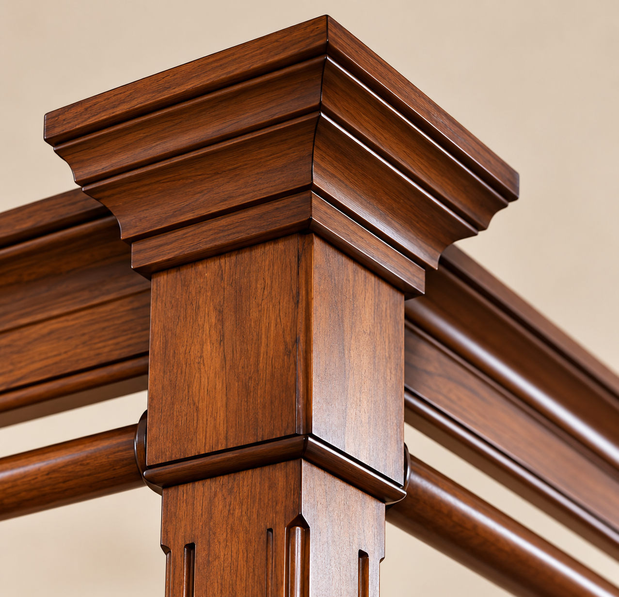 Hand-finished walnut crown molding and column detail