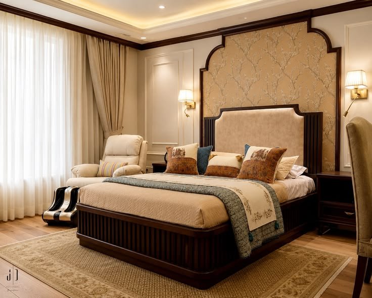 Warm master bedroom with crafted wooden bed and contemporary Indian details