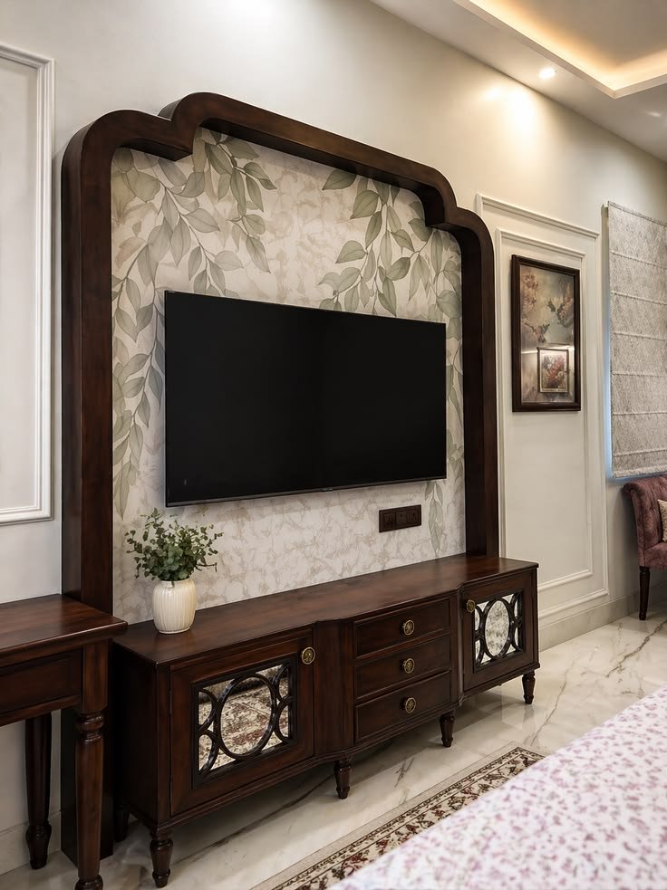 Walnut wood console with carved detailing