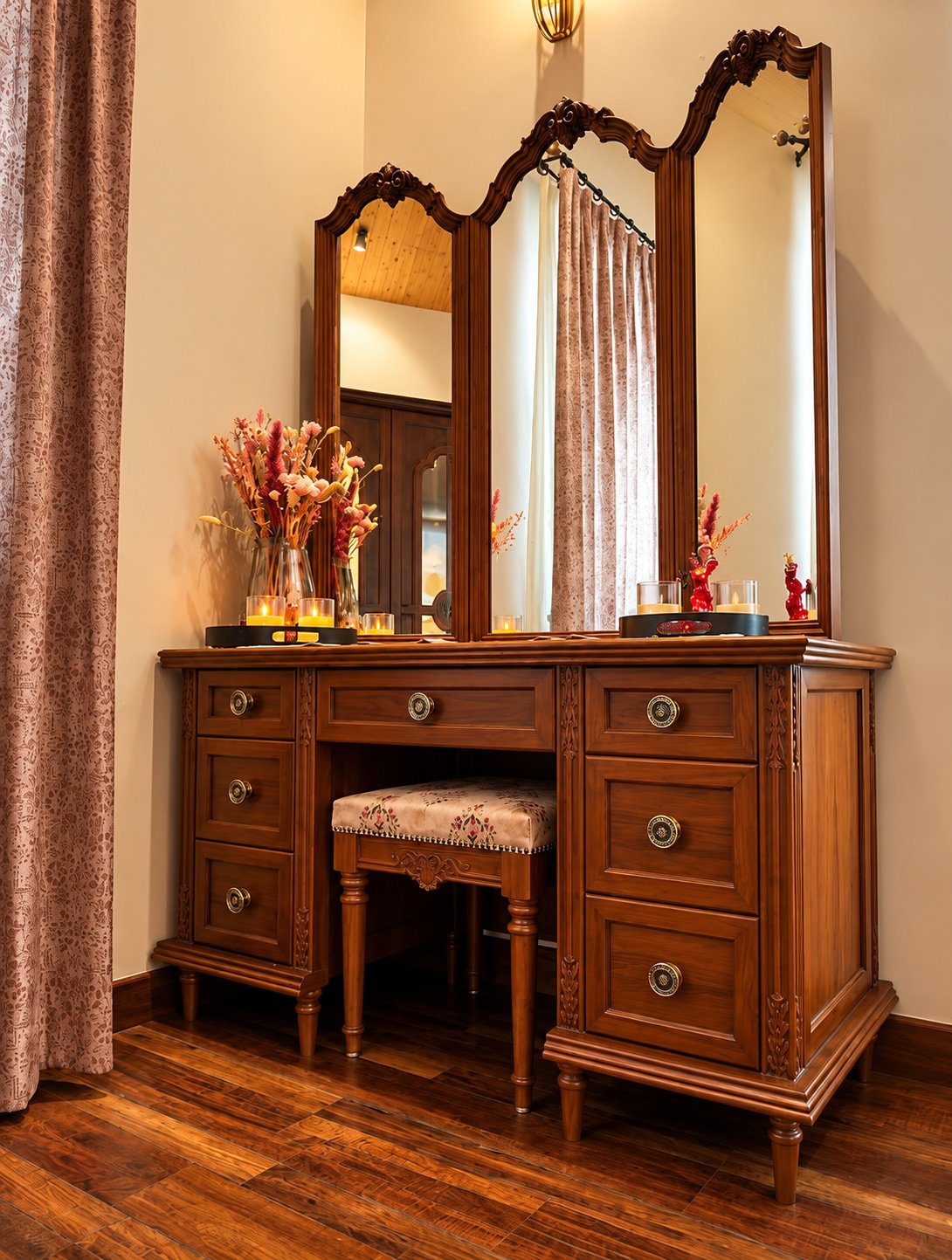 Handcrafted walnut vanity with carved mirror frames