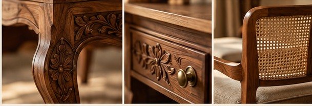 Close details of carved wood furniture and woven cane